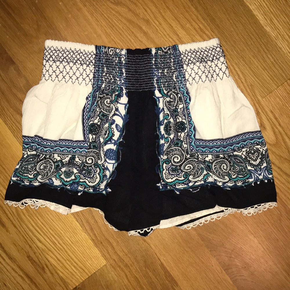 Navy, teal, cream pattern high waisted shorts